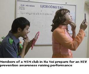 MSM night at a cafe in Hanoi, featuring a cross-dressing fashion show, karaoke songs, and a demonstration of how to properly use a condom.